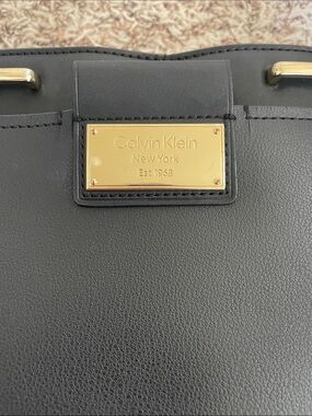 Calvin Klein Black Leather Tote with Gold Logo Plate